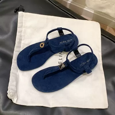 Women's Summer Retro Contrast Gold Buckle T-Strap Flat Sandals Office