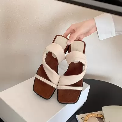 Women's Summer 4cm Square Toe Platform Wrap Beach Slide Sandals Thick Sole