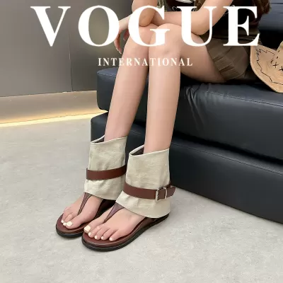 Women's Summer 4.5cm Platform Belt Buckle Toe Post Mid Calf Gladiator Boots