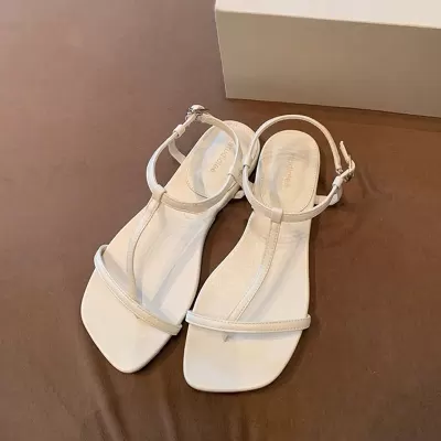 Women's Summer Square Cutout T-Strap Toe Post Flat Sandals Black