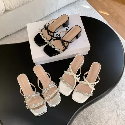 Women's Summer Crystal Butterfly Rhinestone Buckle Strap Block Heel Slides