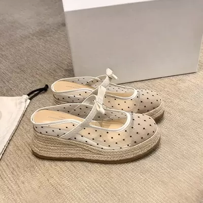 Women's Summer 8cm Platform Mesh Rope Wedge Bow Mary Jane Slides · YANYAN China shoe factory