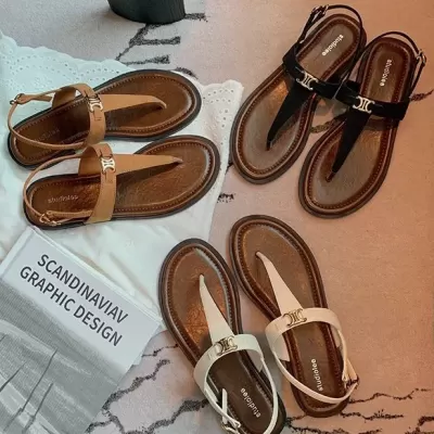 Women's Summer Retro T-Strap Metal Buckle Toe Post Slide Sandals Beach