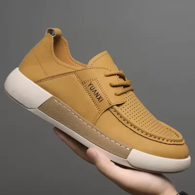 Men's Leather Shoes Perforated Breathable Leather Loafers Vintage Fisherman Shoes Soft Sole Casual