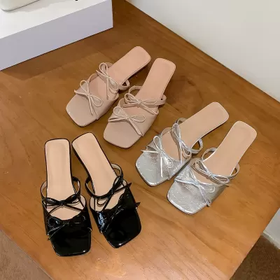 Women's Summer 3.5cm Square Toe Double Bow Buckle Strap Slide Sandals