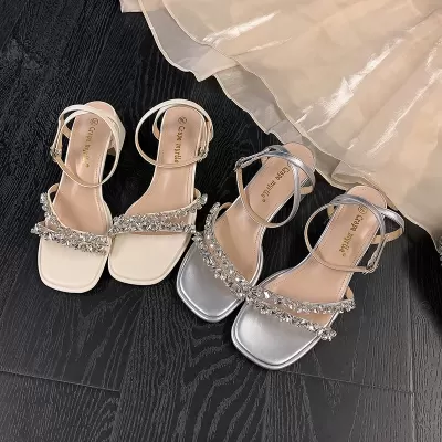 Women's Summer Rhinestone Silver Buckle Strap Open Toe Block Heel Sandals