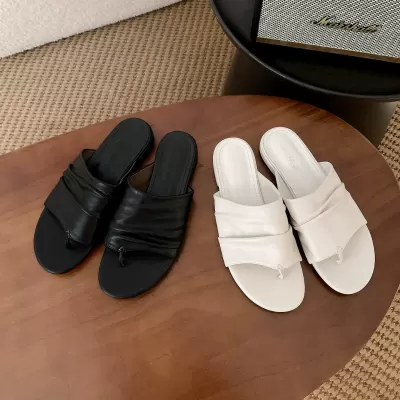 Women's Summer Minimalist Wide Strap Soft Leather Pleated Block Heel Slides