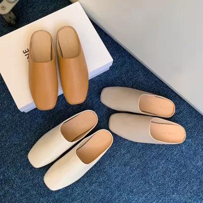Women's Soft Leather Square Toe Slip-on Mule Slides Casual
