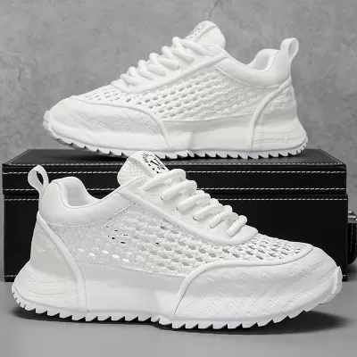 Men's Summer Breathable Thick Sole Heightening White Casual Lace-up Sneakers 5582