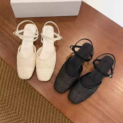Women's Summer Cutout Woven Toe Cover Low Heel Sandals French Style
