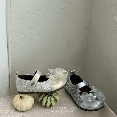 XSHX sequin bow princess shoes Korean shiny autumn new hook-and-loop Mary Jane wide toe