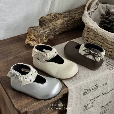 XSHX French simple girls' Mary Jane round toe princess shoes spring summer square mouth non-slip rubber sole hook-and-loop