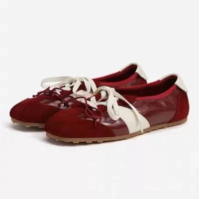 Women's Sporty Red Bow Ballet Flats 2025 Summer Lace-Up German Trainer Sneakers · YANYAN China shoe factory