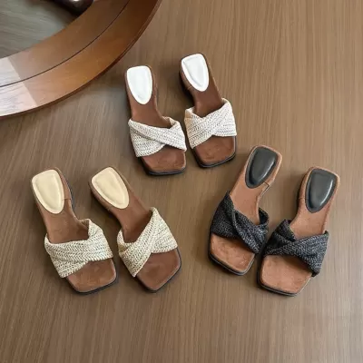 Women's French Tweed Woven Platform Slide Sandals Summer Casual Wedge Slippers