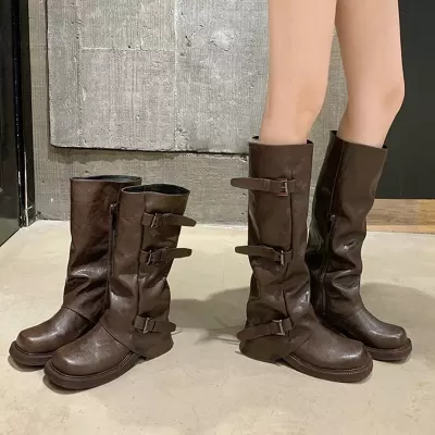 Women's 6cm Platform Belt Buckle Square Toe Mid Calf Riding Boots