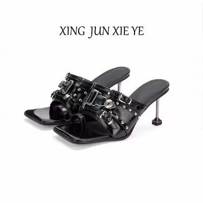 Women's Punk Open Toe Heels 2025 Summer Metal Strap Thin Heel Slide Sandals · YANYAN China shoe factory