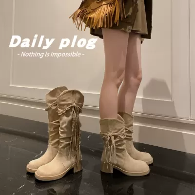 Women's Autumn Winter Tassel Block Heel Mid Calf Western Cowboy Boots
