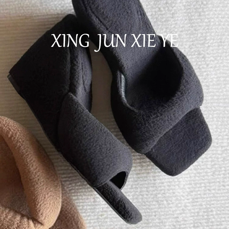 Women's Suede Platform Fur Slides Fall 2025 Fashion High Heel Square Toe Slippers
