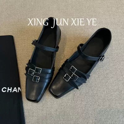 Women's Dark Punk Buckle Mary Jane Shoes 2025 Fall Retro Square Toe Block Heel Flats · YANYAN China shoe factory