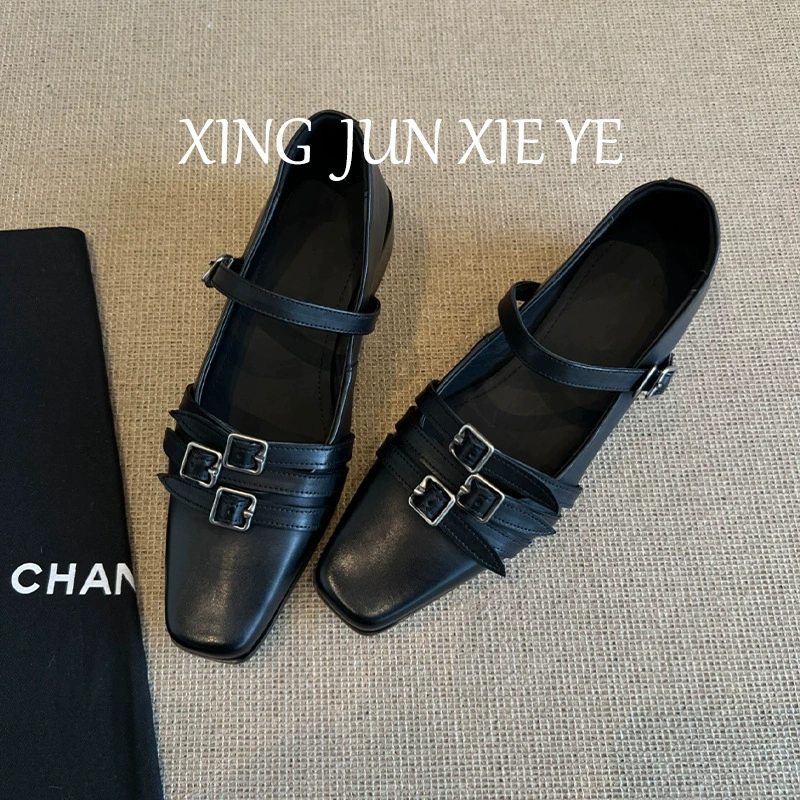 Women's Dark Punk Buckle Mary Jane Shoes 2025 Fall Retro Square Toe Block Heel Flats