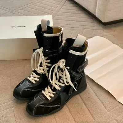 Unisex Retro Round Toe Color Block Lace Up Side Zip Hunting Martin Boots Fashion Boxing Boots