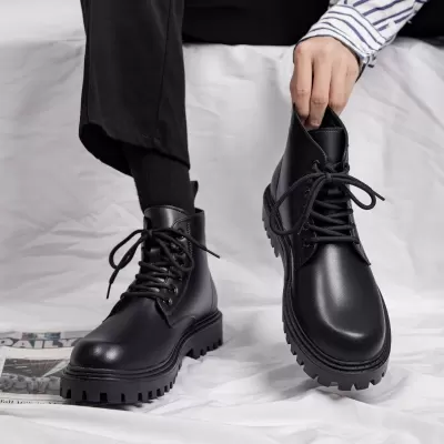 Men's Martin Boots Autumn High-top British Style Leather Shoes Black Motorcycle Boots Waterproof Work Boots