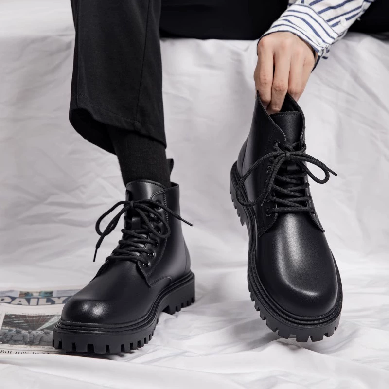 Men's Martin Boots Autumn High-top British Style Leather Shoes Black Motorcycle Boots Waterproof Work Boots