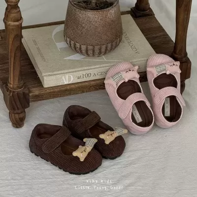 XSHX cute handmade doll Korean girls' princess shoes Mary Jane hook-and-loop wide toe retro corduroy