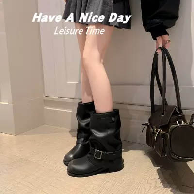 Women's Trendy Wasteland Fold Strap Comfort Western Short Boots Fall · YANYAN China shoe factory