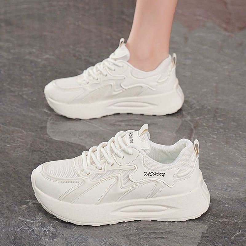 Fall Women's Breathable Mesh Sneakers Korean Thick Sole Casual White Running Dad Shoes