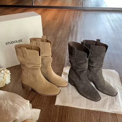 Women's Korean Round Toe V-Cut Chunky Heel Stacked Short Boots Fall Winter 8cm · YANYAN China shoe factory