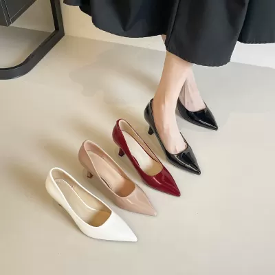 Women's Nude Patent Leather Platform Pumps Pointed Toe Office Heels Fall