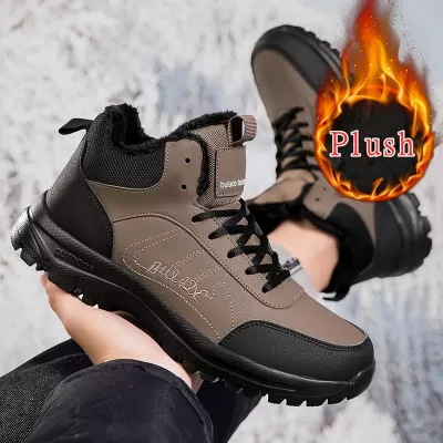 Cross-Border Men's Winter Casual Hiking Boots, Fur-Lined Outdoor Shoes for Elderly