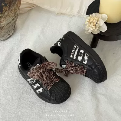 XSHX Leopard Shell Shoes Girls Autumn Velcro Toe Cap Rubber Anti-Slip Sole Retro Sweet Cool