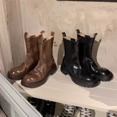 Women's Washed Horse Leather Folded Chunky Heel Chelsea Boots Fall Winter