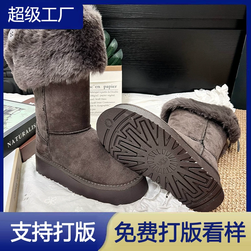 Women's Foldable Buckle Mid Calf Snow Boots Fur Trim Waterproof Warm Cotton Shoes