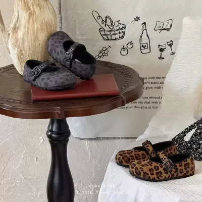 XSHX Leopard Mary Jane Girls Autumn Korean Wide Toe Velcro Retro Chic Small Shoes