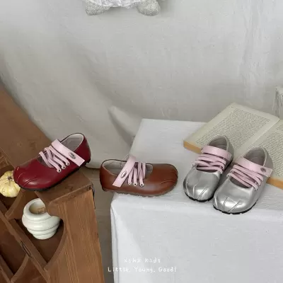 XSHX Lace Ballet Girls Autumn Pleated Toe Wide Rubber Anti-Slip Sole Velcro