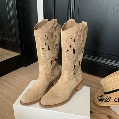 Women's Embroidered Cutout Western Cowboy Boots Pointed Toe Mid Calf Fall