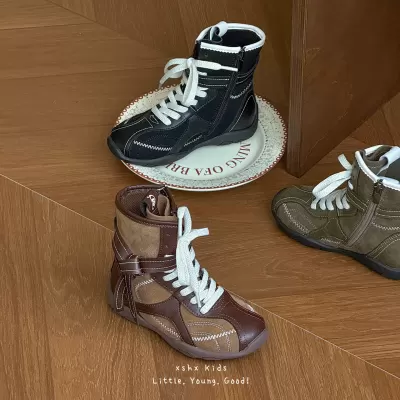 XSHX Boxing Shoes Boys Girls Autumn Winter Retro Food Motorcycle Boots High Top Side Zipper