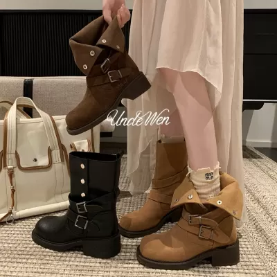 Women's Stacked Chunky Heel Thick Sole Buckle Strap Martin Boots Fall · YANYAN China shoe factory