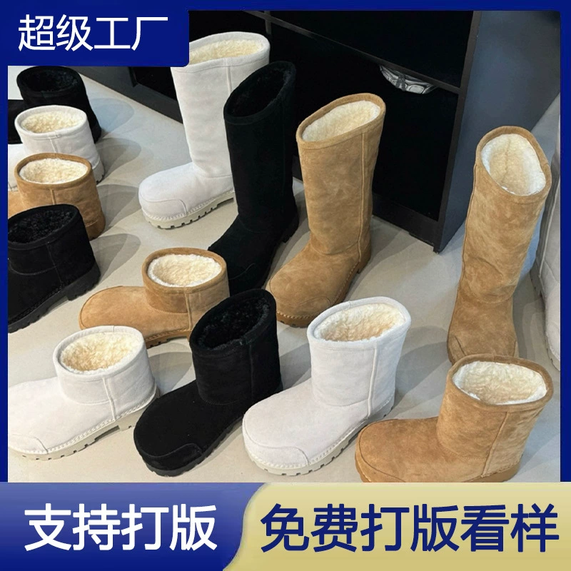 2025 Winter Top Layer Cowhide Mickey Knee High Snow Boots Women Thick Sole Short Boots