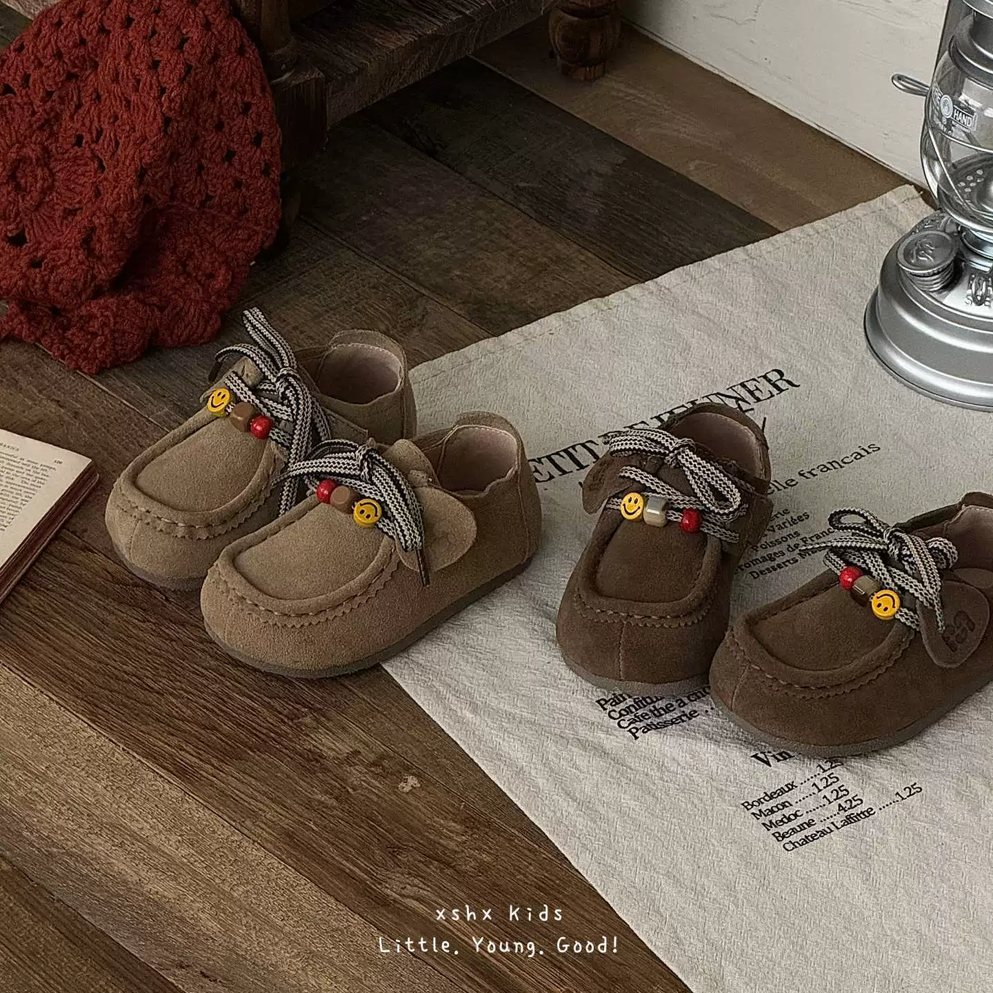 XSHX Canelé Kangaroo Shoes Boys Girls Autumn Burgundy Top Cow Suede Velcro Anti-Slip Sole