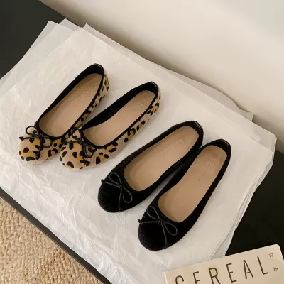 Women's Classic Round Toe Bow Leopard Print Flat Flats Early Fall