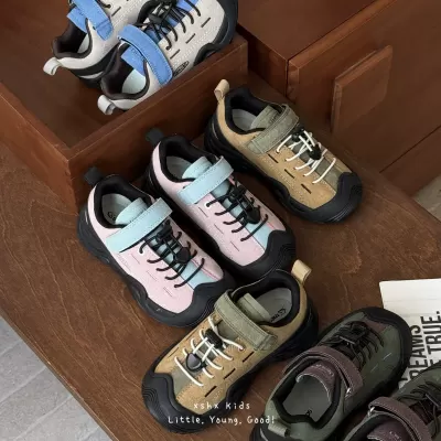 XSHX Japanese Outdoor Boys Girls Shoes Anti-Slip Rubber Sole Velcro Cow Suede Breathable Spring Summer