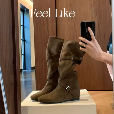 Women's Pointed Toe Korean Round Toe Buckle Soft Fold Mid Calf Boots 6cm