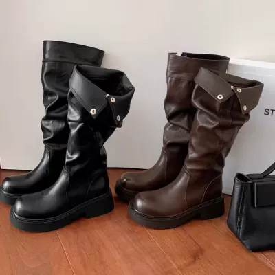 Women's Wasteland Fold Stack Boots 2 Way Wear Foldable High Knee Boots Chunky Heel · YANYAN China shoe factory