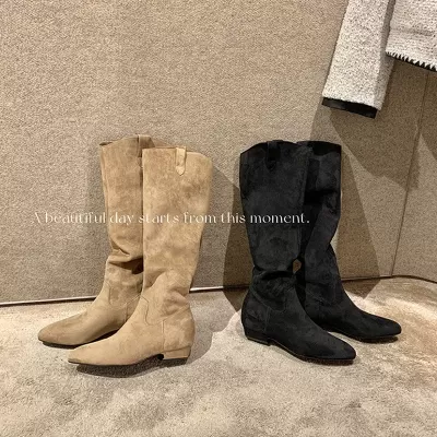 Women's V-Cut Pointed Toe Suede Chunky Heel High Knee Western Boots Fall Winter · YANYAN China shoe factory
