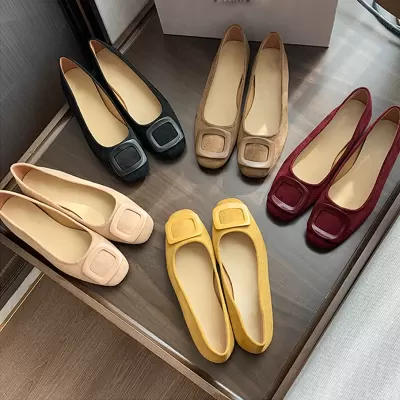 Women's Round Toe Square Buckle Suede Office Flats Spring Fall