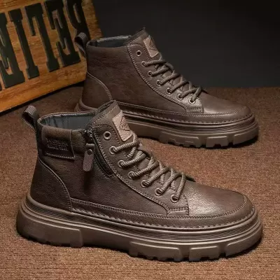 2026 Spring New Martin Boots Men's High Top Leather Work Shoes Anti-Slip Short Boots